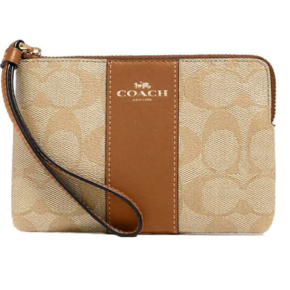 New Coach Corner Zip Wristlet In Signature Canvas Gold Light Khaki Chalk 58035